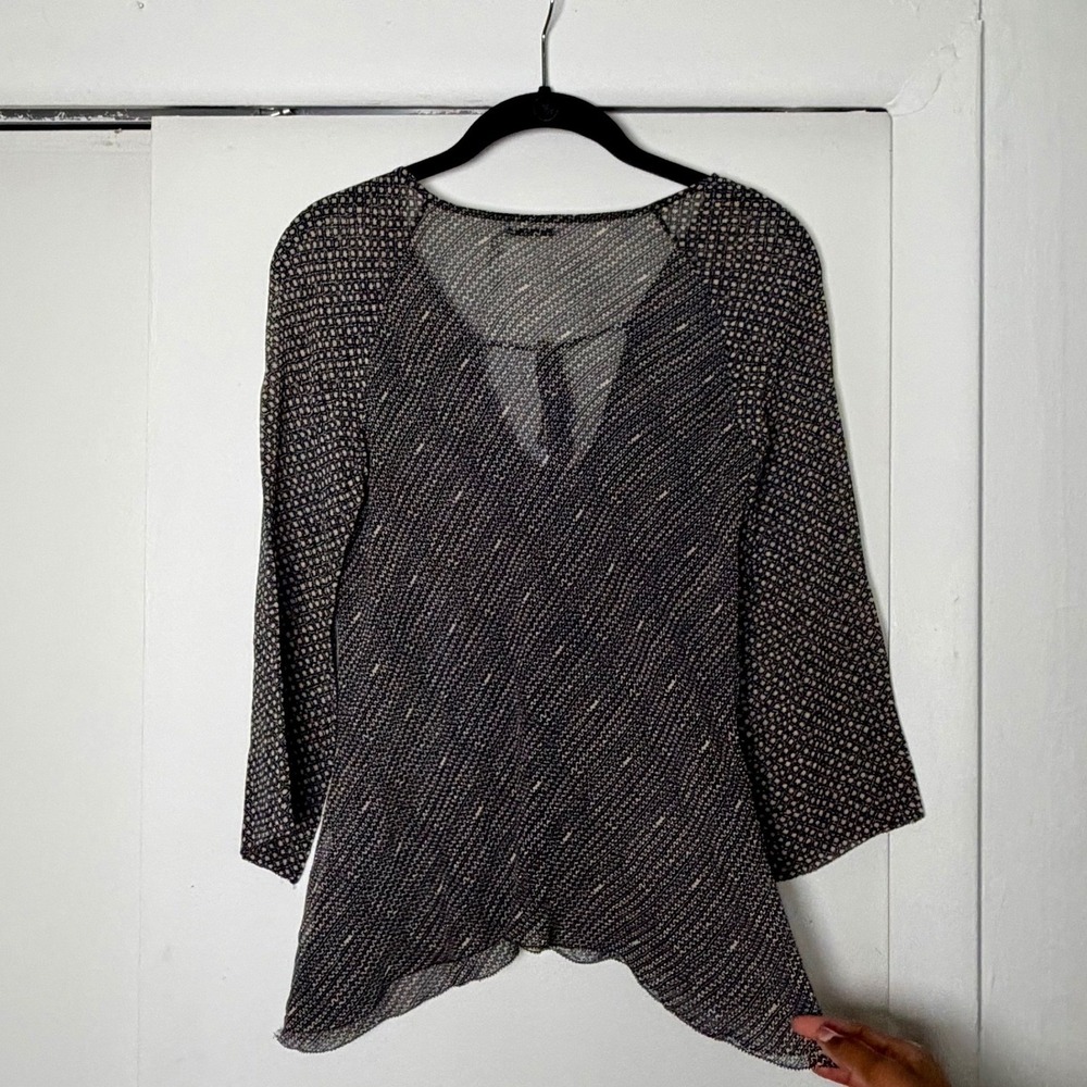 Max Studio Womens Black White 100% Silk Geometric Print V-Neck Blouse Small